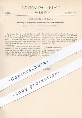 original Patent - C. Kramme , Berlin , 1880 , Gasbehälter für Gaskraftmaschinen | Kraftmaschinen , Gas , Motor , Motoren