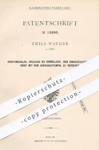 original Patent - Emile Mauger in Paris , 1880 , Briefumschlag | Kuvert , Brief , Briefe , Post , Briefmarken , Papier !