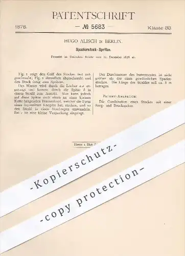 original Patent - Hugo Alisch in Berlin , 1878 , Spazierstock - Spritze | Gehstock , Wanderstock , Stock , Stütze !!!