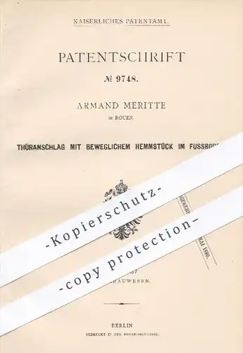 original Patent - Armand Méritte in Rouen , 1879 , Türanschlag mit beweglichem Hemmstück im Fußboden | Tür , Türen !!!