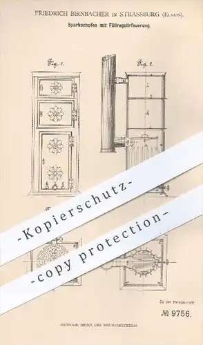 original Patent - Fr. Birnbacher , Stassburg , Elsass , 1879 , Sparkochofen mit Füllregulierfeuerung | Kochherd , Ofen !