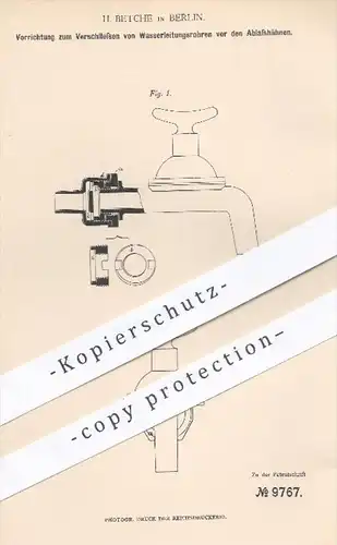 original Patent - H. Betche , Berlin , 1879 , Verschließen von Wasserleitungsrohren vor den Ablasshähnen | Klempner !!