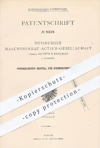 original Patent - Duisburger Maschinenbau AG / Bechem & Keetman , Duisburg  1879 , Hydraulisches Gestell für Steinbohrer