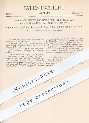 original Patent - Duisburger Maschinenbau AG / Bechem & Keetman , Duisburg  1879 , Hydraulisches Gestell für Steinbohrer