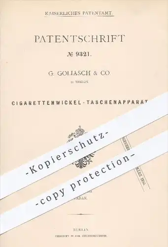 original Patent - G. Golliasch & Co. in Berlin , 1879 , Zigarettenwickel - Taschenapparat | Zigaretten , Tabak , Rauchen