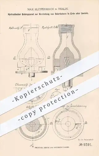 original Patent - Max Blumenreich , Berlin , 1879 , Hydraulischer Bohrer zum Bohren in Erde o. Gestein | Bergbau !!!