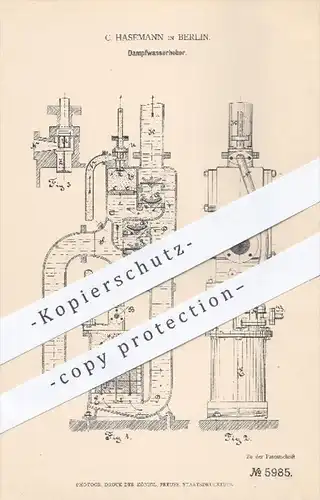 original Patent - C. Hasemann in Berlin , 1878 , Dampfwasserheber | Pumpe , Pumpen , Dampfmaschinen , Dampfkessel !!!