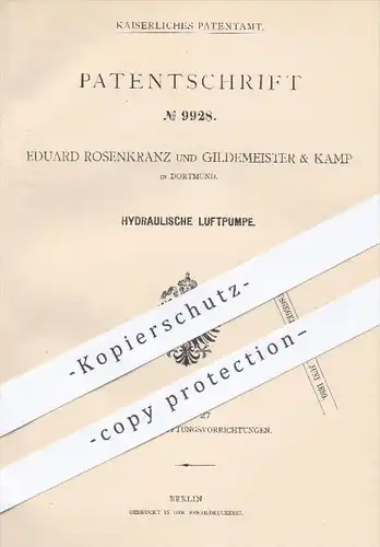 original Patent - E. Rosenkranz , Gildemeister & Kamp , Dortmund , 1879 , Hydraulische Luftpumpe | Hydraulik , Gebläse !