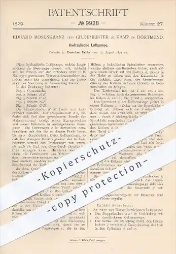 original Patent - E. Rosenkranz , Gildemeister & Kamp , Dortmund , 1879 , Hydraulische Luftpumpe | Hydraulik , Gebläse !