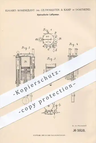 original Patent - E. Rosenkranz , Gildemeister & Kamp , Dortmund , 1879 , Hydraulische Luftpumpe | Hydraulik , Gebläse !