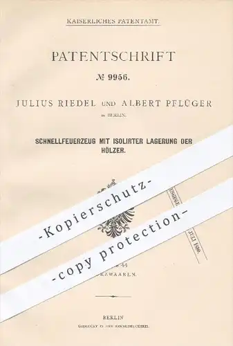 original Patent - Julius Riedel u. Albert Pflüger , Berlin , 1879 , Schnellfeuerzeug mit Zündhölzern | Feuerzeug , Feuer