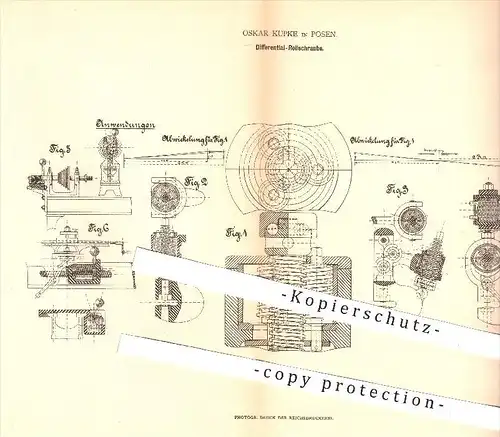 original Patent - Oskar Kupke in Posen , 1879 , Differential - Rollschraube | Schrauben , Spindel | Heben von Lasten !!!