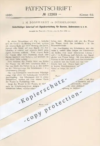original Patent - J. M. Bosshardt in Düsseldorf , 1880 , Überlauf für Bassins , Badewannen | Wasser , Becken , Klempner