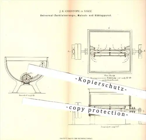 original Patent - J. E. Christoph , Nisky 1880 , Apparat zum Zerkleinern , Maischen , Kühlen | Maische , Bier , Brauerei