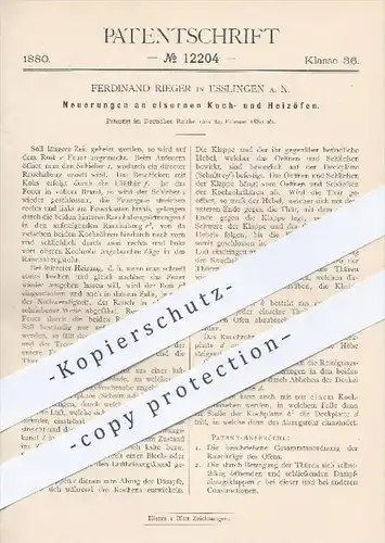 original Patent - Ferdinand Rieger , Esslingen , 1880 , eiserner Kochofen u. Heizofen | Kochherd , Herd , Ofen , Öfen !!