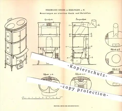 original Patent - Ferdinand Rieger , Esslingen , 1880 , eiserner Kochofen u. Heizofen | Kochherd , Herd , Ofen , Öfen !!