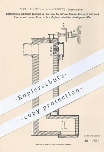 original Patent - M. Ladewig , Königshütte  1880 , Kippflammofen mit Düsen | T. Gidlow , Hollywood / Abbot , Ince | Ofen