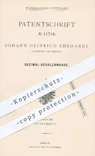 original Patent - J. H. Ehrhardt , Radebeul / Dresden 1880 , Dezimal - Schalenwaage | Waage , Waagen , Wiegen , Gewichte
