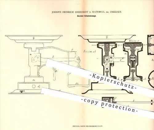 original Patent - J. H. Ehrhardt , Radebeul / Dresden 1880 , Dezimal - Schalenwaage | Waage , Waagen , Wiegen , Gewichte