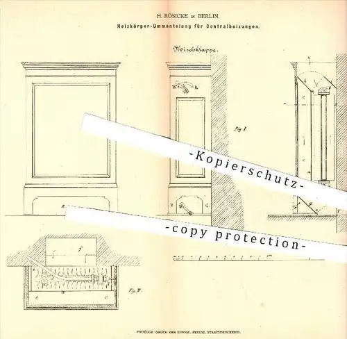 original Patent - H. Rösicke , Berlin , 1878 , Heizkörper - Ummantelung für Zentralheizungen | Heizung , Heizungen !!!