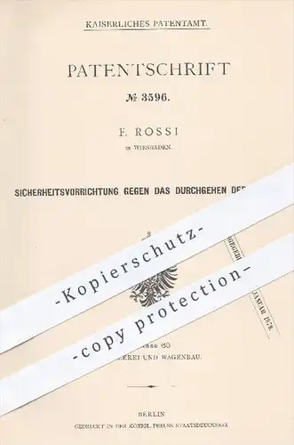 original Patent - F. Rossi , Wiesbaden , 1878 , Vorrichtung gegen das Durchgehen der Pferde | Pferd , Kutsche , Wagen !!