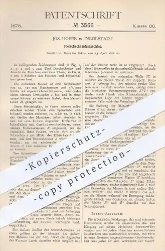 original Patent - J. Hofer , Ingolstadt 1878 , Fleischschneidemaschine | Messer , Fleischerei , Schlachterei  Schlachter