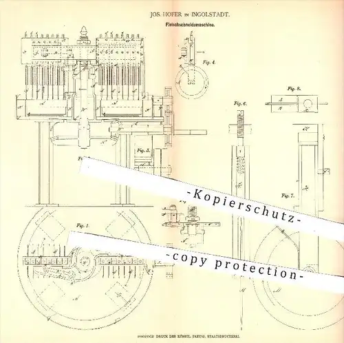 original Patent - J. Hofer , Ingolstadt 1878 , Fleischschneidemaschine | Messer , Fleischerei , Schlachterei  Schlachter