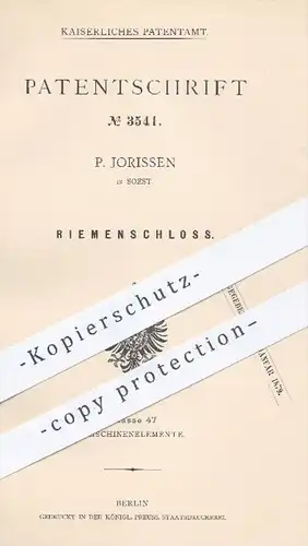 original Patent - P. Jorissen in Soest , 1878 , Riemenschloss | Riemen , Schloss , Riemenscheiben , Maschinen !!!