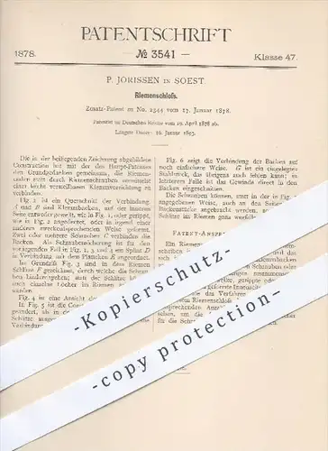 original Patent - P. Jorissen in Soest , 1878 , Riemenschloss | Riemen , Schloss , Riemenscheiben , Maschinen !!!