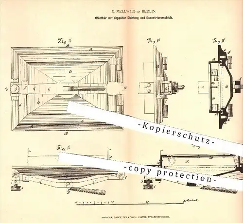 original Patent - C. Mellwitz , Berlin , 1878 , Ofentür mit doppelter Dichtung u. Exzentrikverschluss | Ofen , Ofenbauer