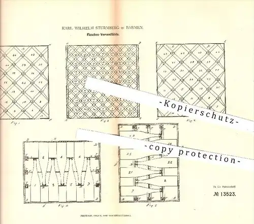original Patent - Karl Wilhelm Sturmberg , Barmen , 1880 , Flaschen - Versandkiste | Kiste , Flaschenkasten , Flasche !!
