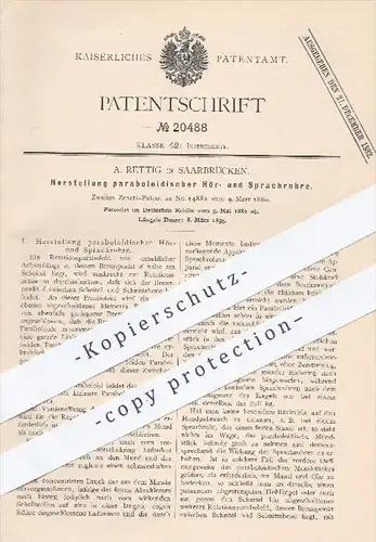 original Patent - A. Rettig , Saarbrücken  1882 , Herstellung paraboloidischer Hör- u. Sprachrohre | Rotationsparaboloid