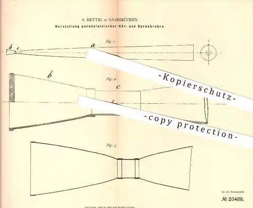 original Patent - A. Rettig , Saarbrücken  1882 , Herstellung paraboloidischer Hör- u. Sprachrohre | Rotationsparaboloid