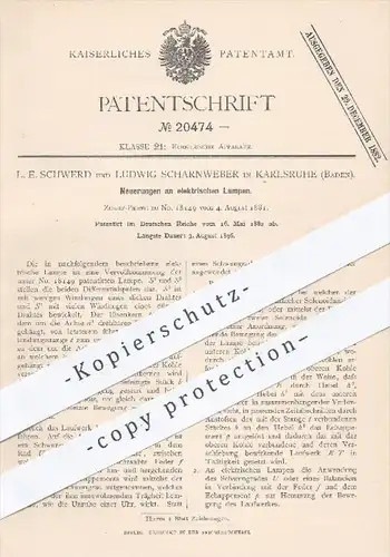 original Patent - L. E. Schwerd , L. Scharnweber , Karlsruhe , 1882 , elektrische Lampen | Lampe , Licht , Beleuchtung !