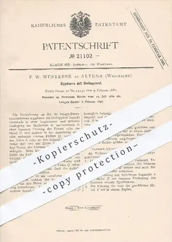 original Patent - F. W. Westebbe in Altena , 1882 , Kippkarre mit Stellapparat | Karren , Wagen , Kutsche , Wagenbau !!