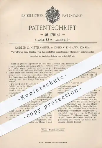 original Patent - Kübler & Niethammer , Kriebstein / Waldheim 1905 , Mischen von Papier versch. Holländer | Papierfabrik