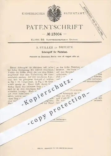 original Patent - A. Stiller in Driesen , 1882 , Schutzgriff für Plätteisen | Bügeleisen , Bügeln , Haushalt , Wäsche !