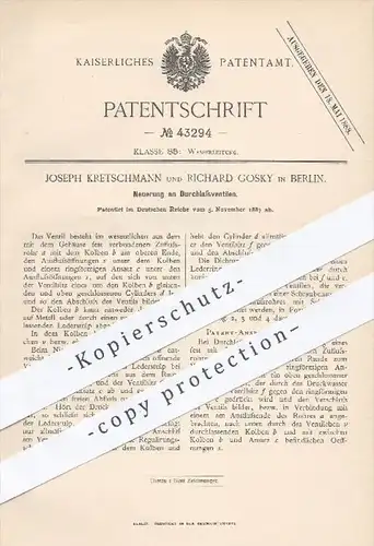original Patent - Joseph Kretschmann , Richard Gosky , Berlin  1887 , Durchlassventile | Wasserleitung , Ventil , Kolben