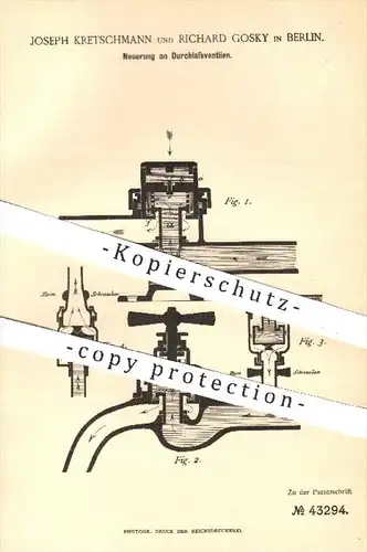 original Patent - Joseph Kretschmann , Richard Gosky , Berlin  1887 , Durchlassventile | Wasserleitung , Ventil , Kolben