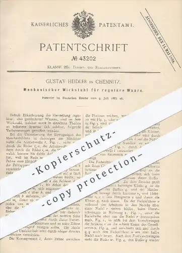 original Patent - G. Heidler , Chemnitz , 1887 , Mechanischer Wirkstuhl für reguläre Ware | Flechten , Stricken , Weben
