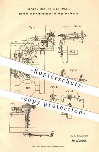 original Patent - G. Heidler , Chemnitz , 1887 , Mechanischer Wirkstuhl für reguläre Ware | Flechten , Stricken , Weben