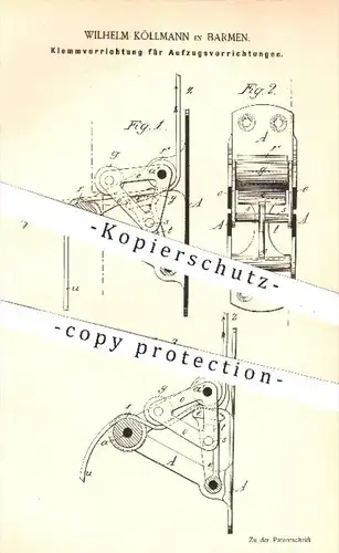 original Patent - Wilhelm Köllmann in Barmen , 1888 , Klemmvorrichtung für Rollo - Aufzug | Jalousie , Rollos , Zugband