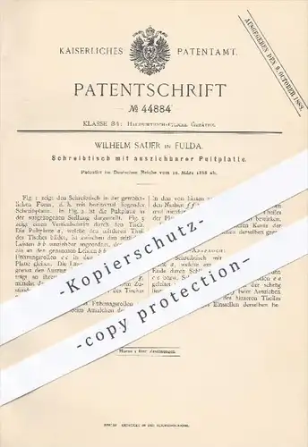 original Patent - Wilhelm Sauer in Fulda , 1888 , Schreibtisch mit ausziehbarer Pultplatte | Pult , Tisch , Möbel !!!