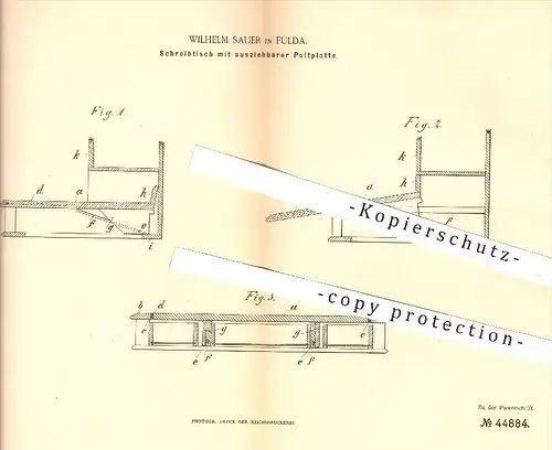 original Patent - Wilhelm Sauer in Fulda , 1888 , Schreibtisch mit ausziehbarer Pultplatte | Pult , Tisch , Möbel !!!