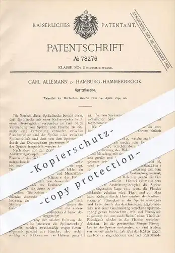 original Patent - Carl Allemann , Hamburg Hammerbrook , 1894 , Spritzflasche | Spritze , Flasche , Medizin , Arzt !!!