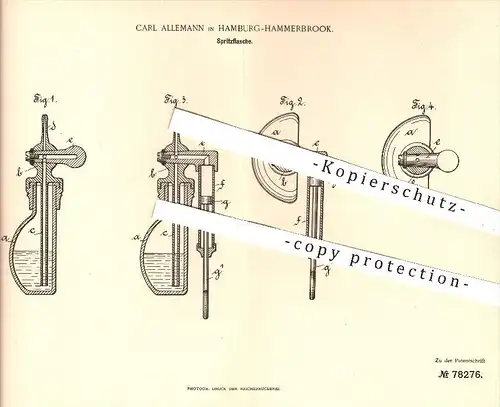 original Patent - Carl Allemann , Hamburg Hammerbrook , 1894 , Spritzflasche | Spritze , Flasche , Medizin , Arzt !!!
