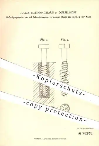 original Patent - J. Boeddinghaus , Düsseldorf 1894 , Befestigung von mit Schrauben , Haken in der Wand | Dübel , Bohrer