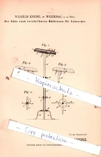 Original Patent  - Wilhelm Knebel in Weidenau a. d. Sieg , 1898 , Bekleidungsindustrie !!!