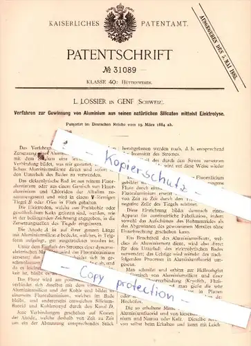 Original Patent  - L. Lossier in Genf , Schweiz , 1884 , Hüttenwesen !!!