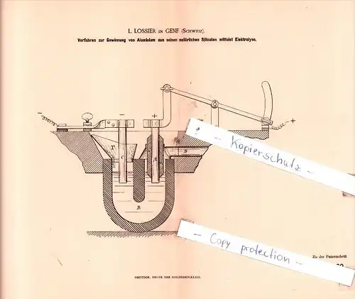 Original Patent  - L. Lossier in Genf , Schweiz , 1884 , Hüttenwesen !!!